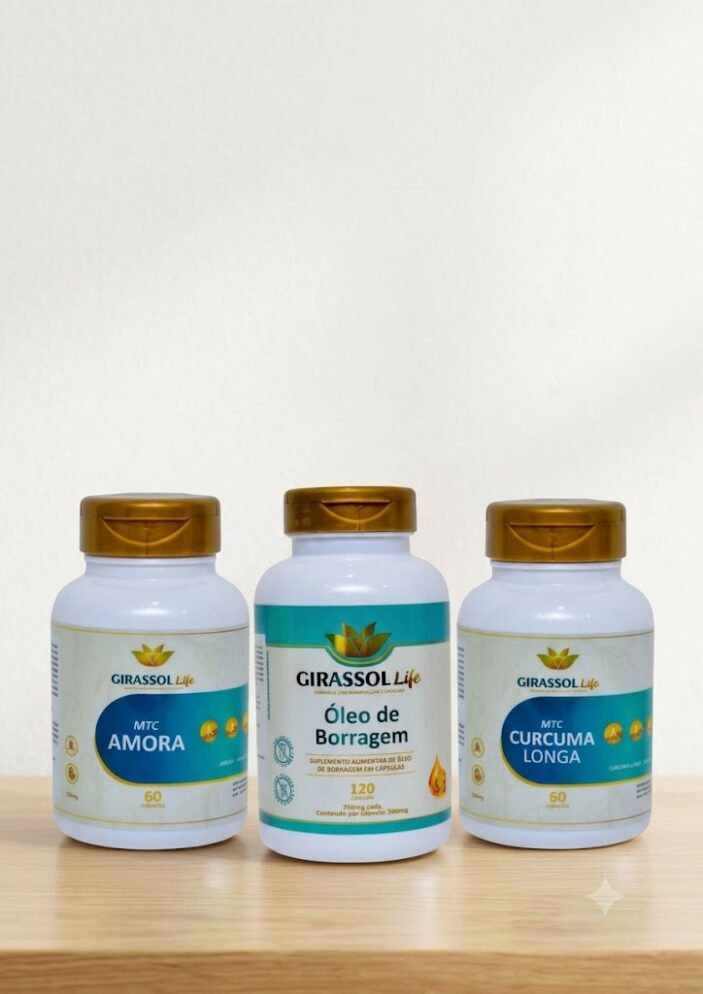 Combo Amora MTC + Óleo de Borragem + Cúrcuma Longa Girassol Life | Equilíbrio Feminino e Bem-estar Combo Amora MTC + Óleo de Borragem + Cúrcuma Longa Girassol Life | Equilíbrio Feminino e Bem-estar